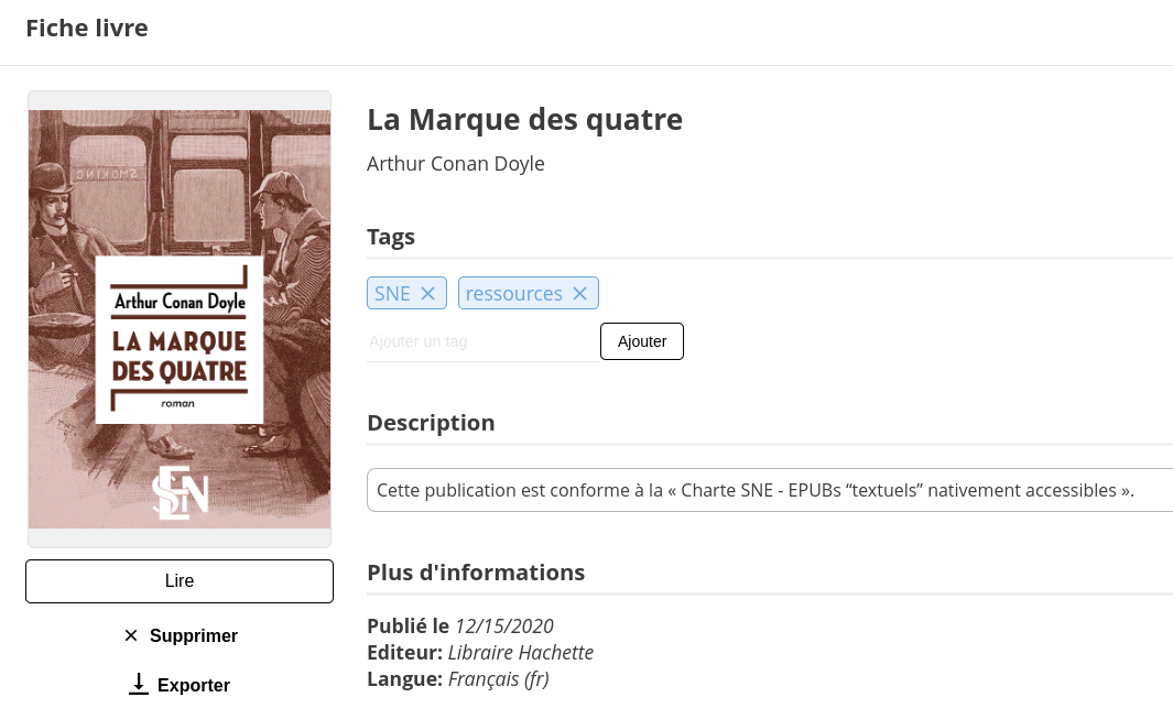 Capture d'écran, le livre La marque des quatre indique : Cette publication est conforme à la « Charte SNE - EPUBs “textuels” nativement accessibles ».