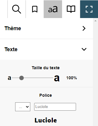Screenshot showing the Text settings Pannel with Luciole set up as reading font