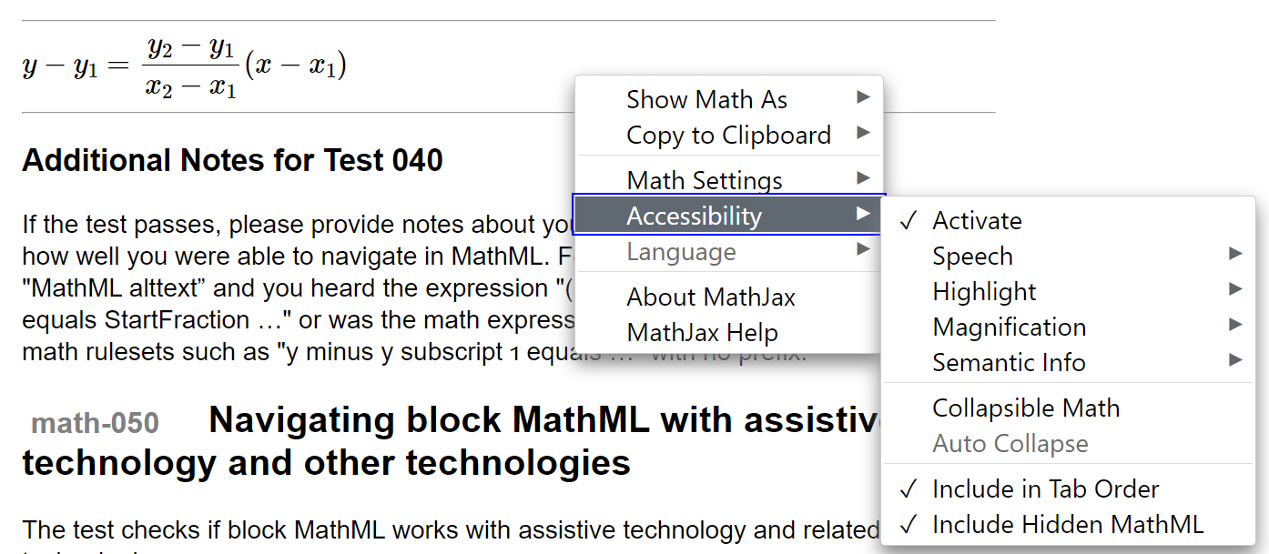 Capture d'écran du menu contextuel MathJax (en anglais) montrant le sous Menu Accessibility dont l'option Activate est cochée.