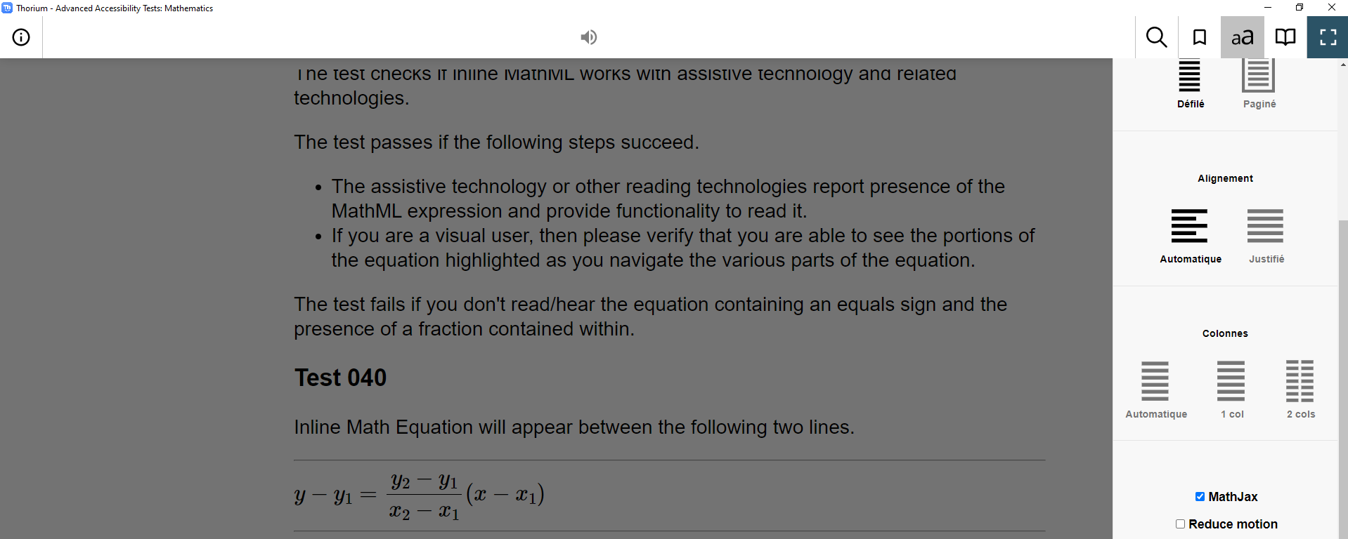 Capture d'écran (en anglais) d'une formule mathématique complexe correctement affichée grace à l'option MathJax cochée.