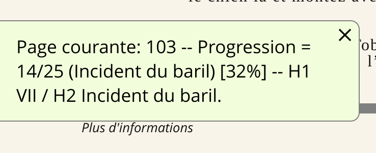 Capture d'écran, zone de notification, page courante 103 - progression = 14/25 (incident du baril) [32%] H1 VII / H2 Incident du baril.