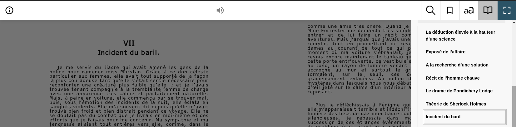 Screenshot, reading a book with title VII Barrel Incident. The navigation pane is open, the table of contents shows the title Barrel Incident in a square which indicates that this is the chapter being read.